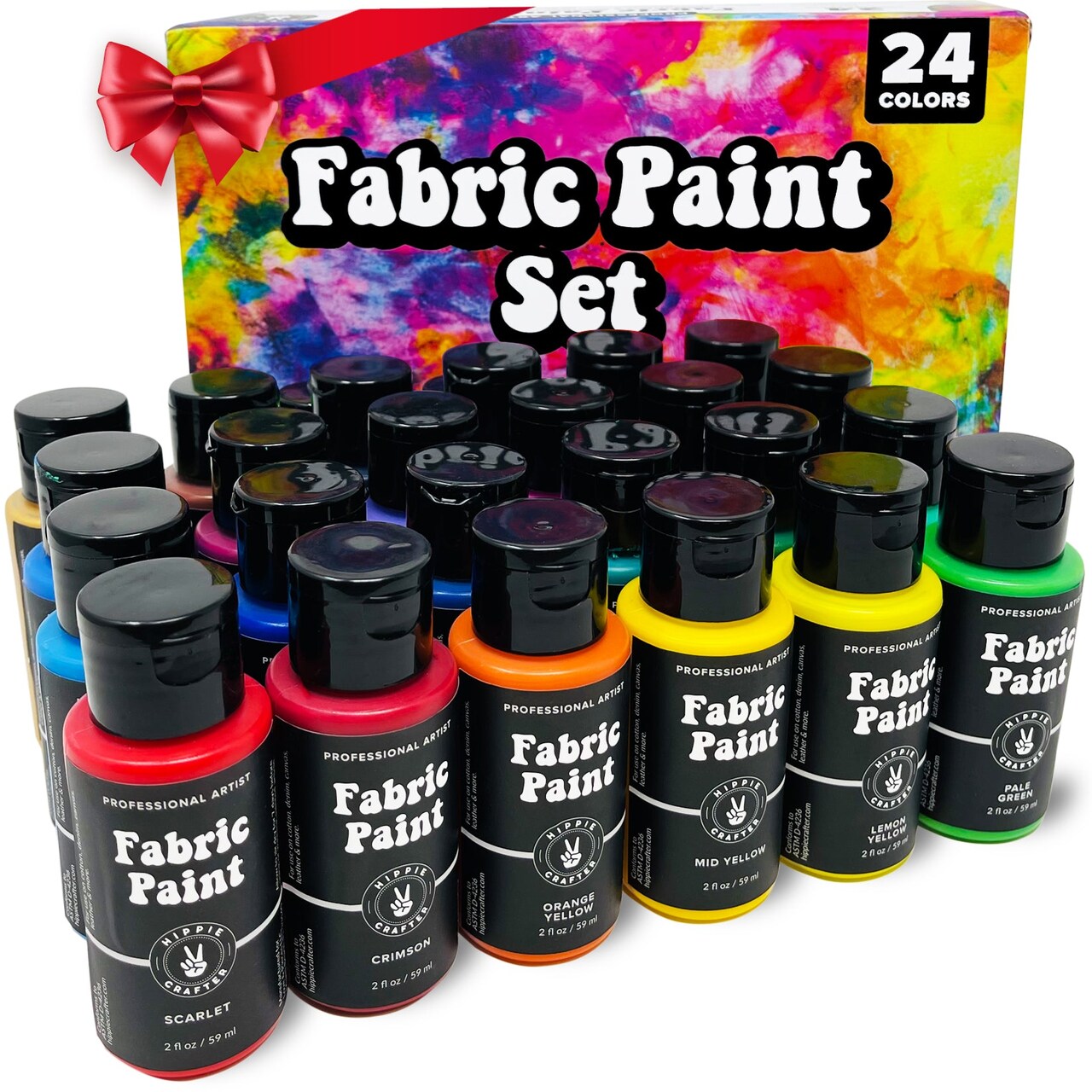 Permanent Fabric Paint for Clothes 24 Colors Bulk Kit for Upholstery Outdoor Cushions Shoe Paint Decorating Medium Acrylic Set Metallic Gold, White, Red, Yellow, Orange Pink